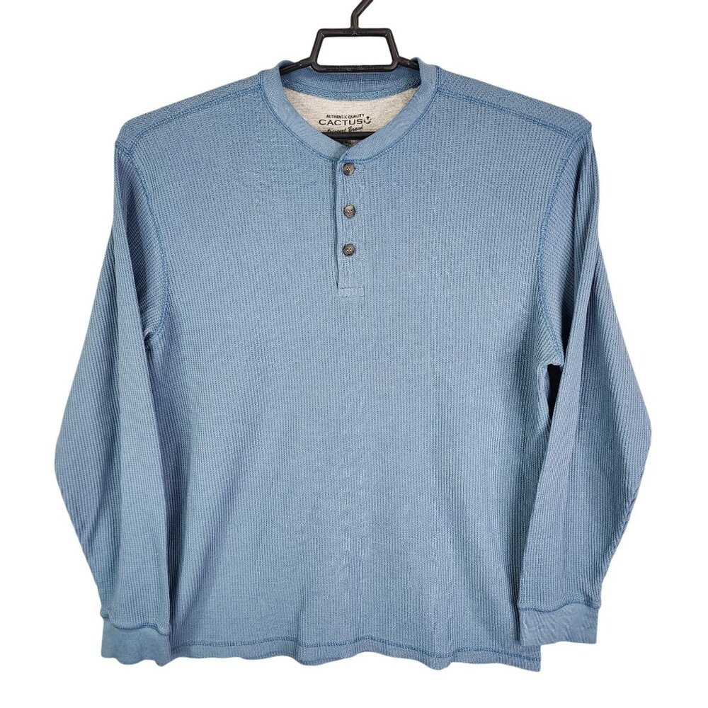 Mens Blue Cactus Henley Thermal Waffle Knit Shirt Long Sleeve Original Brand L